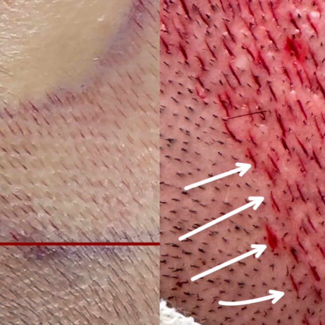 Jämförelse mellan vilande hårbotten och nyöppnade implantationskanaler med markerad riktning vid FUE Sapphire